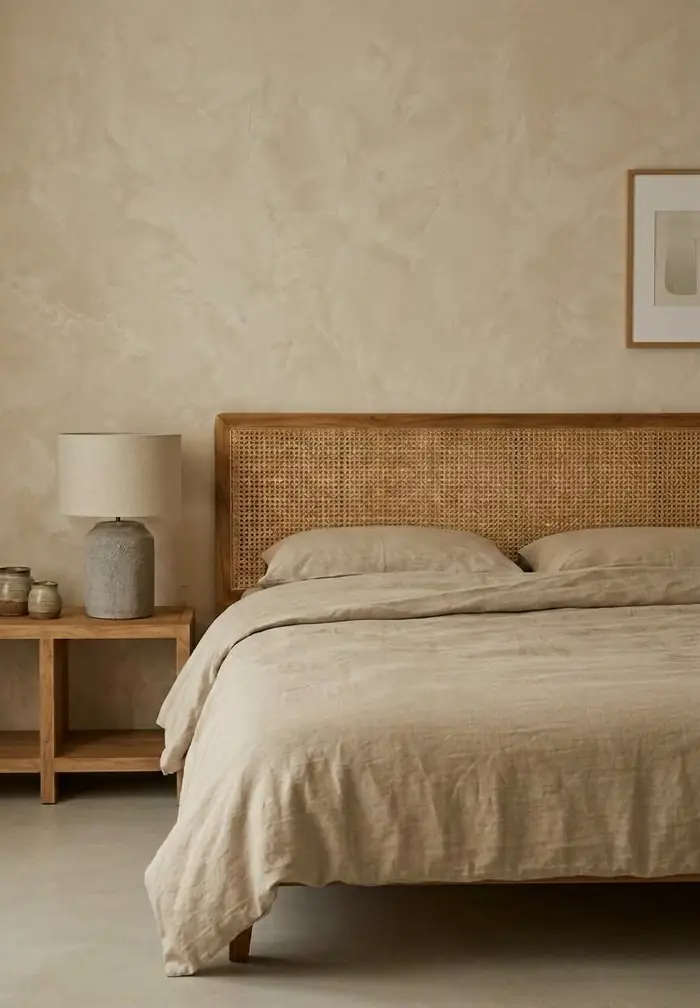 Chambre en lin naturel avec tête de lit en cannage